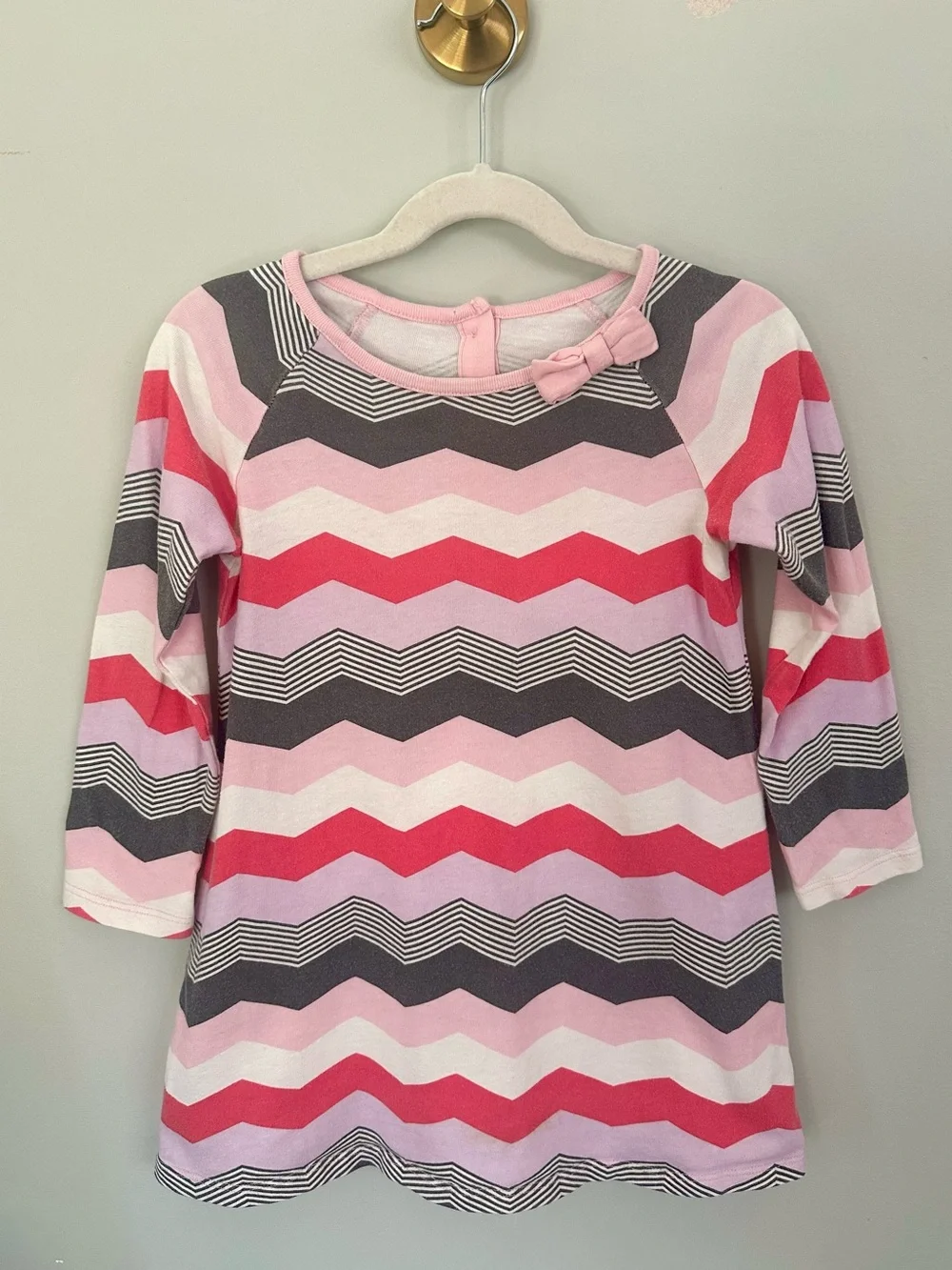 Gymboree Girls 4T Chevron Stripe Long Sleeve Dress Pink Bow